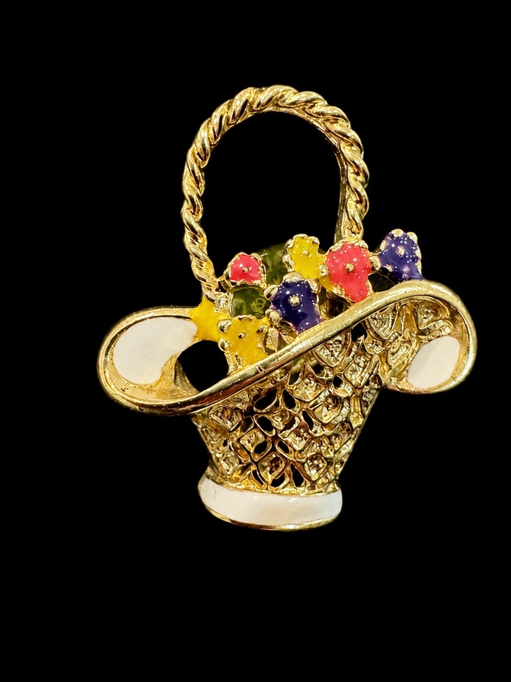 Vintage Gold Tone Enamel Flower Basket Brooch - Gold with Multicolor Flowers